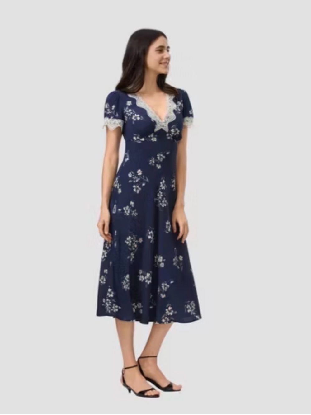 A New Day Women's Cap Sleeve Lace Trim Midi Dress Navy Blue Floral L NWT - Picture 3 of 4